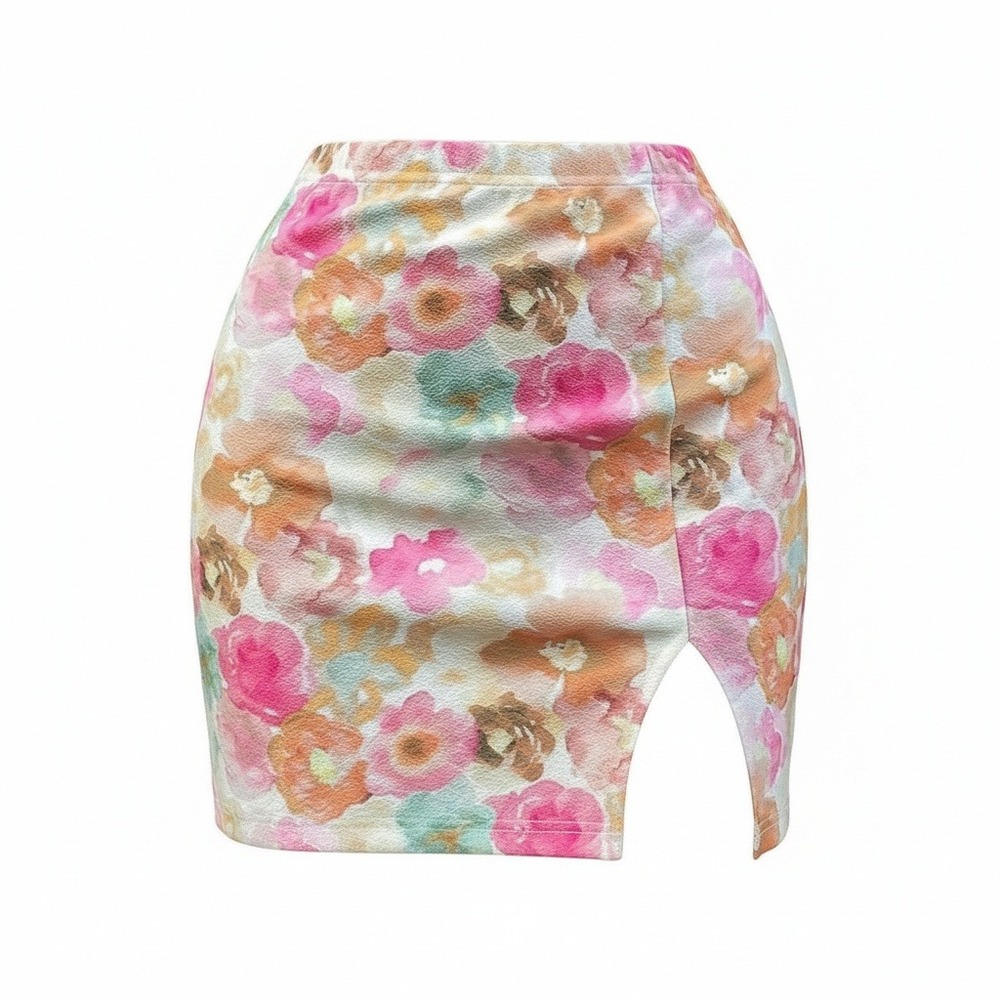 New XS Pink Floral Mini Skirt Fitted Bodycon Slit High Rise Stretchy Vacation